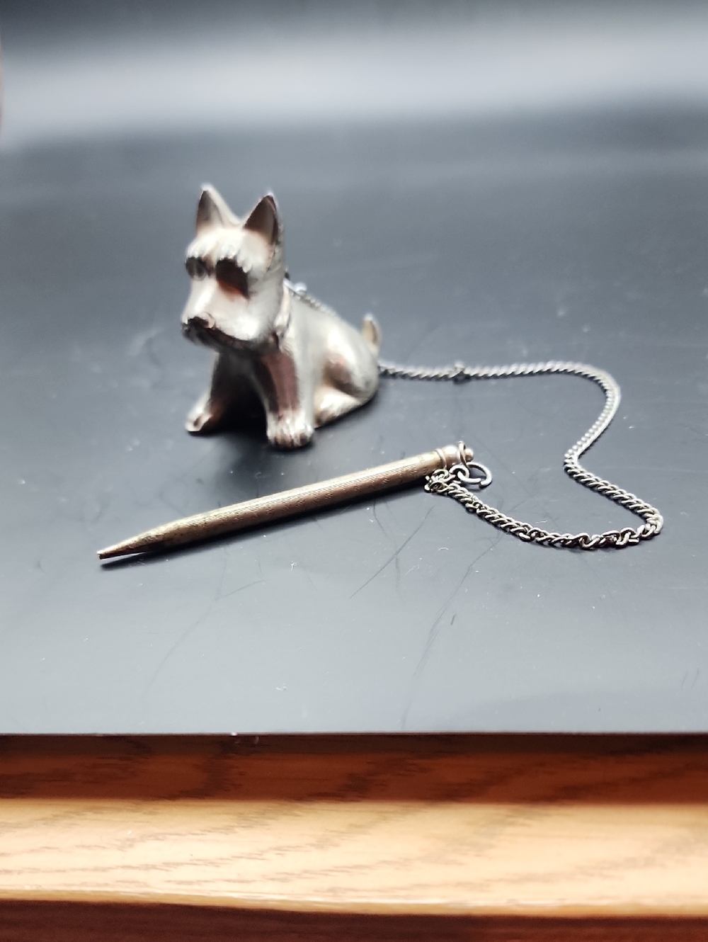 Vintage Pewter Mechanical Pencil & Scottie Dog Paperweght Desk Set Japan MCM